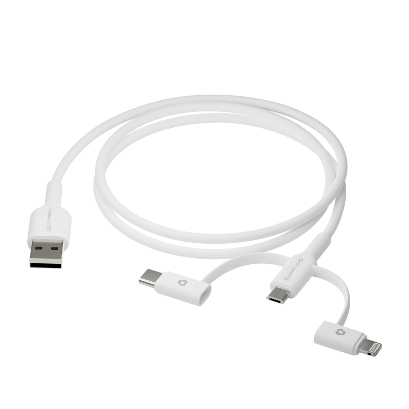 dBramante Re-charge - 3in1 CableUSB A to USB-A,C & Lightn hvid