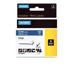 Dymo tape Rhino 12mmx5,5m farvet vinyl hvid på blå