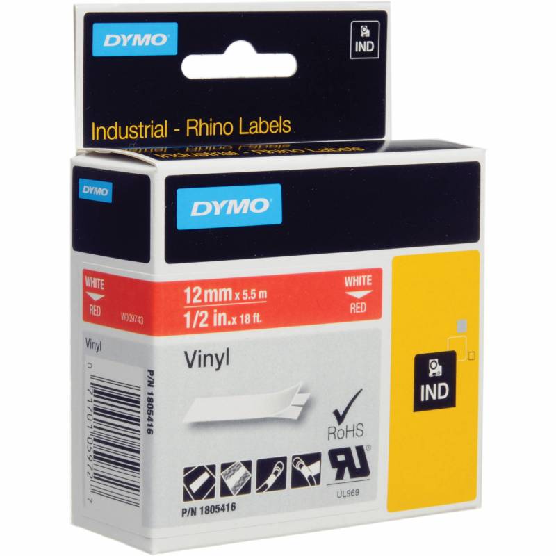 Dymo tape Rhino 12mmx5,5m farvet vinyl hvid på rød