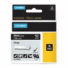 Dymo tape Rhino 24mmx5,5m farvet vinyl hvid på sort