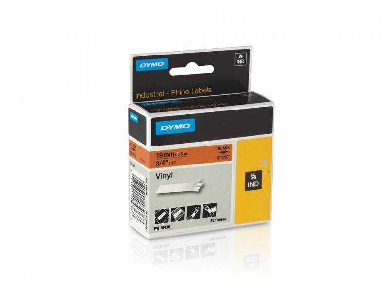 Dymo tape Rhino 19mmx5,5m vinyl sort på orange