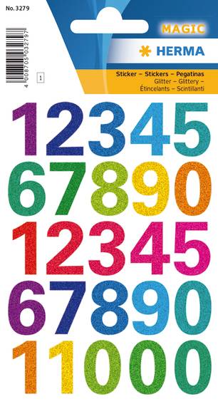 Herma farverige tal etiket 0-9 med glimmer 20mm