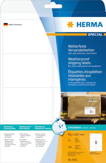 Herma label shipping/forsendelse ekstra stærk 99,1x67,7, 25 ark, 8 etiketter, hvid