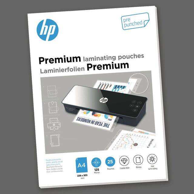 HP Lamineringslomme Premium 125my A4 pre-hullet, 25 stk