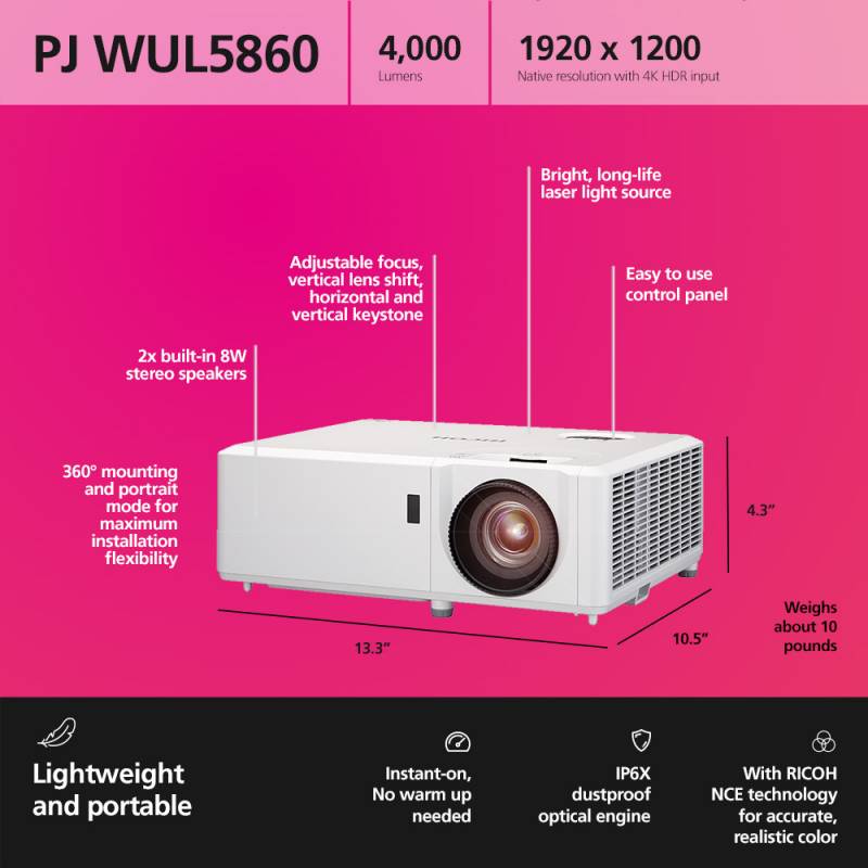 RICOH Compact Projector PJ WUL5860 29-303'' (4000 Lumen)