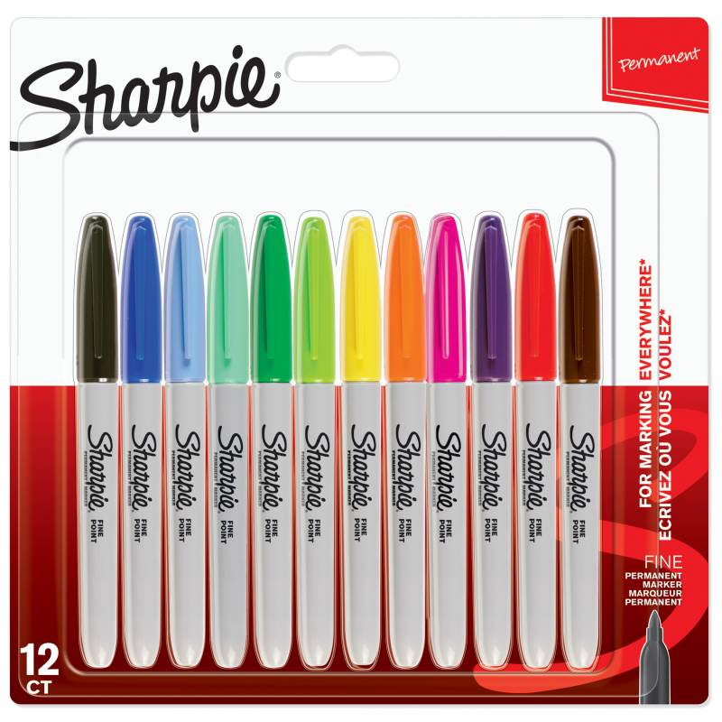 Sharpie permanent marker sort fin spids, 12 stk forskellige farver