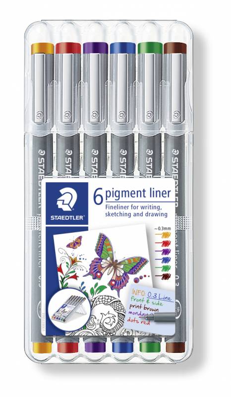 Staedtler fineliner pigment liner 0,3mm 6 forskellige farver