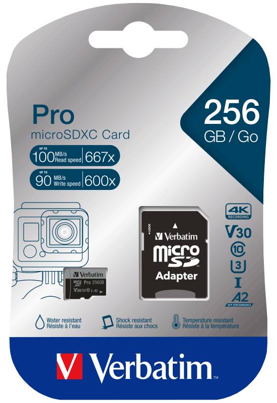 Micro SDXC Card PRO U3 Class 10 A2 256GB w/adaptor sort