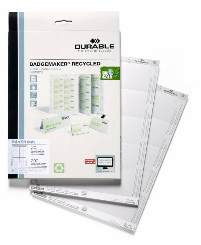 Durable recycled indstik til navneskilte 54x90mm hvid, 20 ark