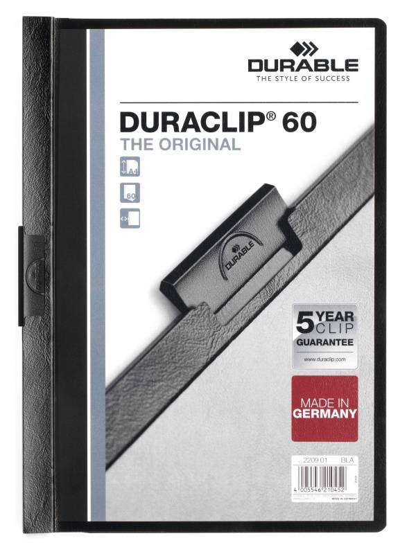Durable Duraclip 60 originale klemmappen klar forside A4 ark sort, pose med 5 stk