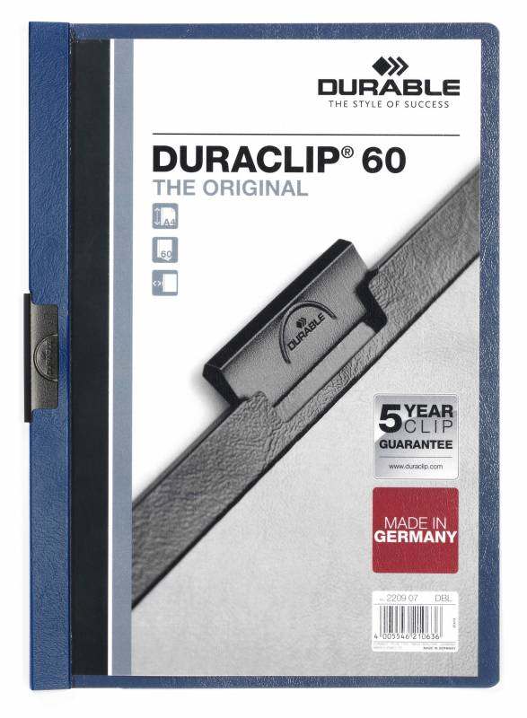 Durable Duraclip 60 originale klemmappen klar forside A4 ark bl&aring;, pose med 5 stk