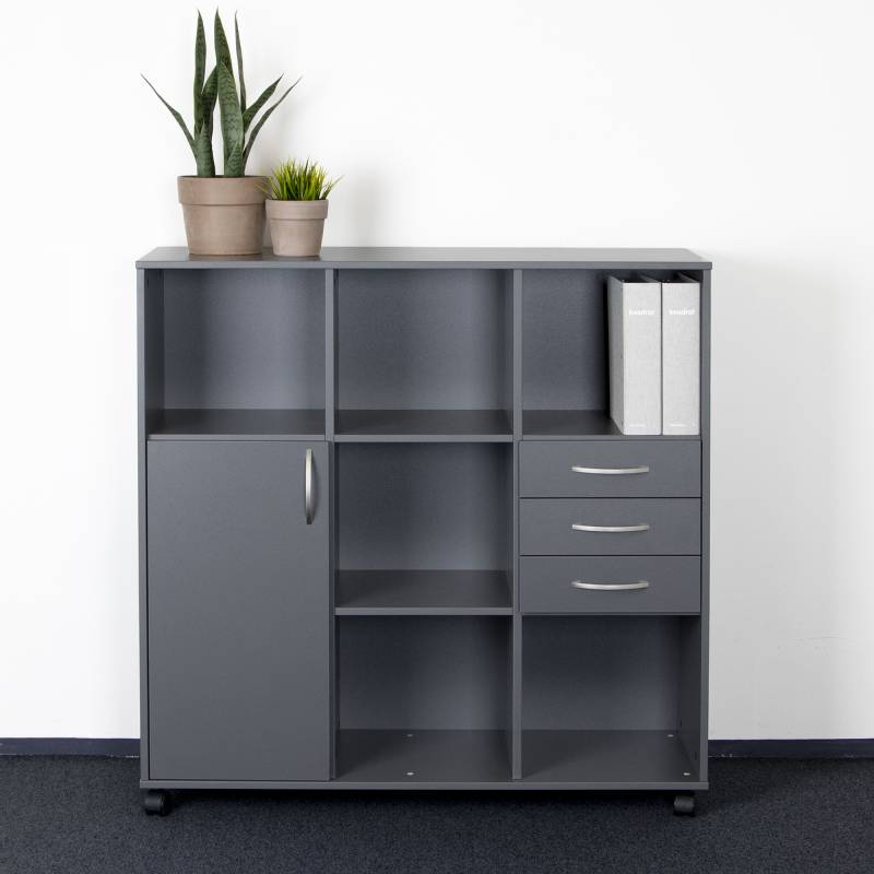 Office kontorreol med 9 rum 1 låge og 3 skuffer mørkegrå