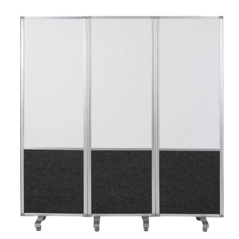 Flex sk&aelig;rmv&aelig;g p&aring; hjul med 3 fag og whiteboard 180x180cm sort