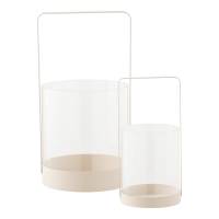 Hurricane lysestage i glas og beige metal, s&aelig;t a 2 stk