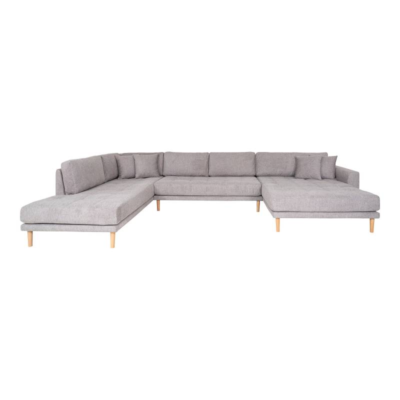 Lido U-sofa h&oslash;jrevendt med lysegr&aring; polyester og tr&aelig;ben