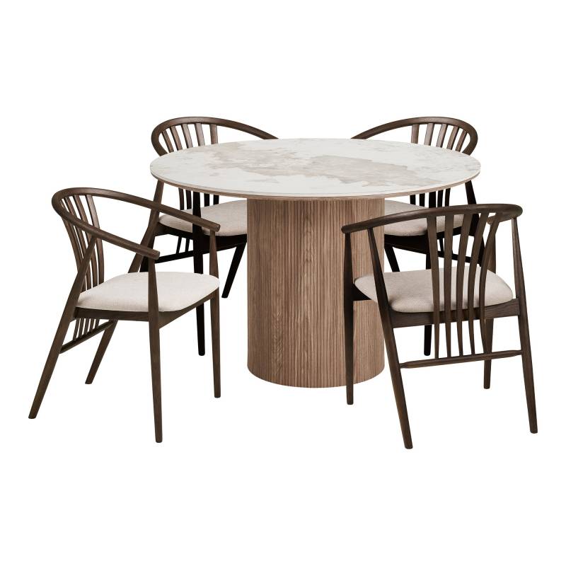 Athens spisebordss&aelig;t &Oslash;120cm med 4 Agustin stole brun og offwhite