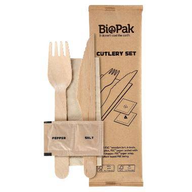 Bestikpose 5/1 med træ kniv/gaffel/serviet/salt/peber