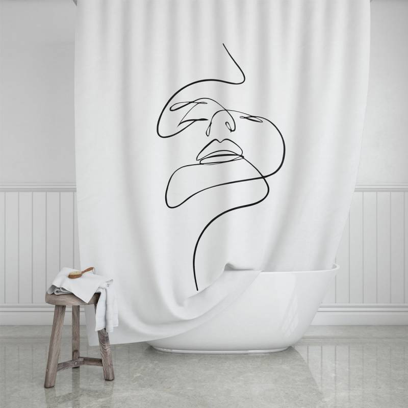 Line Art badeforh&aelig;ng 180x200cm hvid med sort print
