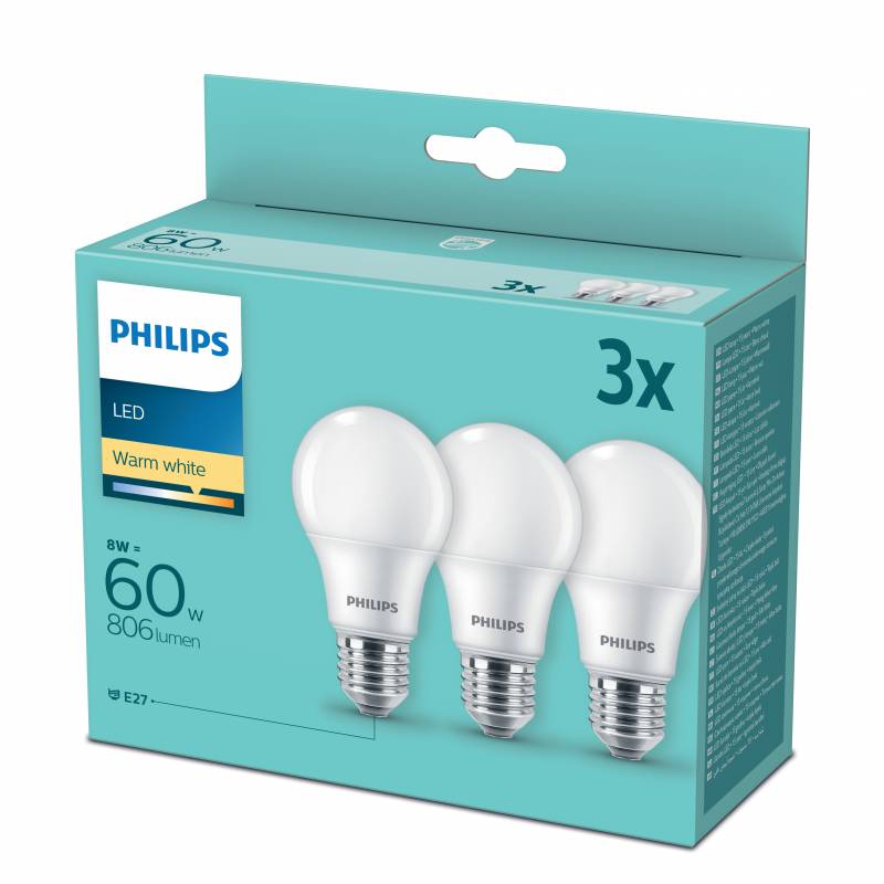 Philips LED 60W A60 E27 WW FR ND p&aelig;re, 3 stk pakning