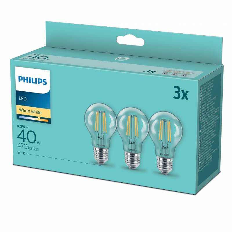 Philips LED classic 40W/4,3W A60 E27 WW p&aelig;re, 3stk pakke