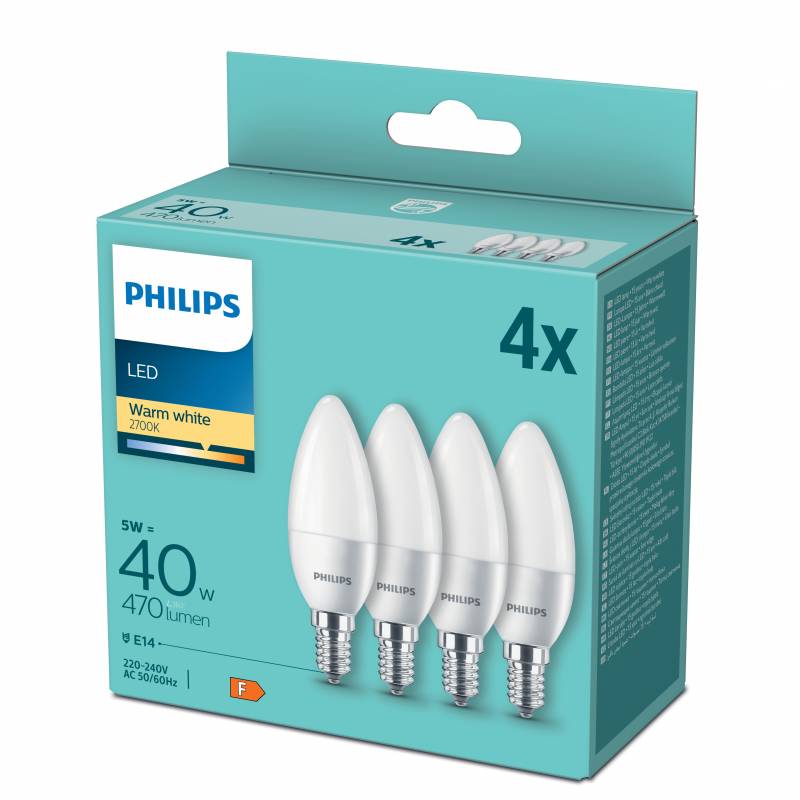 Philips LED 40W B35 E14 WW FR ND 4PF/6 kertep&aelig;re, 4 stk pakning