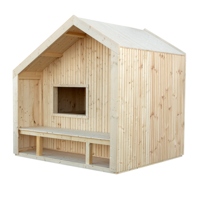 Cozy legehus 184×208cm med bænk i ubehandlet nåletræ