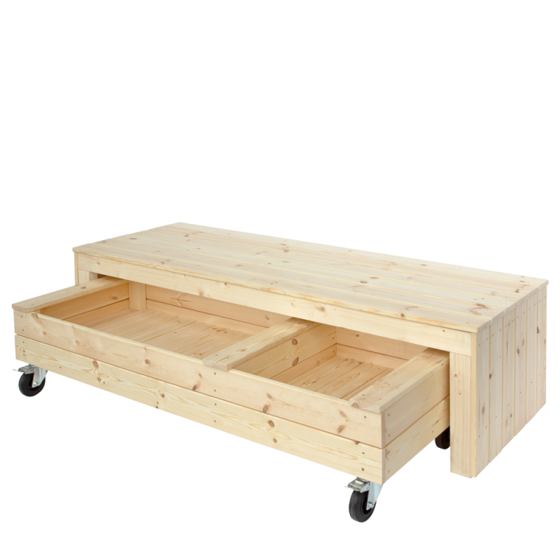 Fun sandkasse med hjul og b&aelig;nk 180cm i ubehandlet n&aring;letr&aelig;