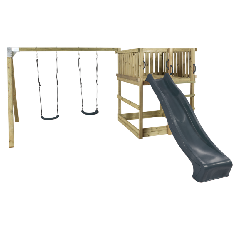 Plus Play legetårn med gyngestativ, rutsjebane og 2 gynger