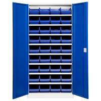 Opbevaringsskab med 36 blå kasser 1980x980x470mm blå dør