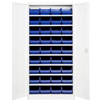 Opbevaringsskab med 36 blå kasser 1980x980x570mm lys grå dør