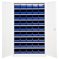 Opbevaringsskab med 45 blå kasser 1980x1200x670mm lys grå dør