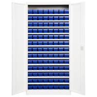 Opbevaringsskab med 104 blå kasser 1980x980x470mm lys grå dør