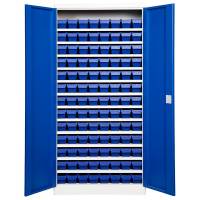 Opbevaringsskab med 104 blå kasser 1980x980x670mm blå dør