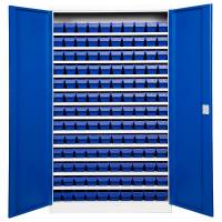 Opbevaringsskab med 130 blå kasser 1980x1200x470mm blå dør