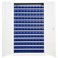 Opbevaringsskab med 130 blå kasser 1980x1200x570mm lys grå dør