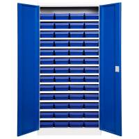 Opbevaringsskab med 52 blå kasser 1980x980x450 blå dør