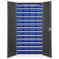 Opbevaringsskab med 52 blå kasser 1980x980x450 antracit dør