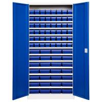 Opbevaringsskab med 76 blå kasser 1980x980x470mm blå dør