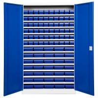 Opbevaringsskab med 95 blå kasser 1980x1200x470mm blå dør