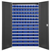 Opbevaringsskab med 95 blå kasser 1980x1200x570mm antracit dør