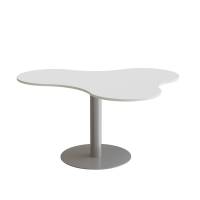Cafebord amøbeformet 120x150cm højde 72cm hvid laminat på alugråt stel