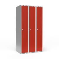 Garderobeskab 3x300mm med lige tag, 1 rum i højden med røde døre og greb til hængelåse