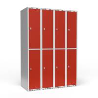 Garderobeskab 4x300mm med lige tag, 2 rum i højden med røde døre og greb til hængelåse