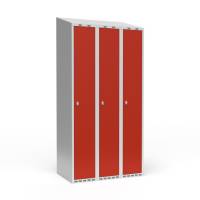 Garderobeskab 3x300mm med skråt tag, 1 rum i højden med røde døre og greb til hængelåse