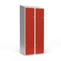 Garderobeskab 2x400mm med skråt tag, 2 delt Z-døre i rød med greb til hængelåse