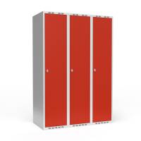 Garderobeskab 3x400mm med lige tag, 1 rum i højden med røde døre og greb til hængelåse