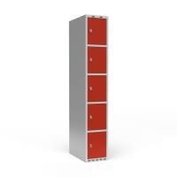Garderobeskab 1x300mm med lige tag, 5 rum i højden med røde døre og greb til hængelåse