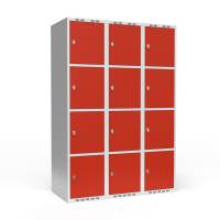 Garderobeskab 3x400mm med lige tag, 4 rum i højden med røde døre og greb til hængelåse