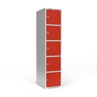Garderobeskab 1x400mm med lige tag, 5 rum i højden med røde døre og greb til hængelåse