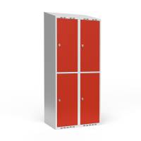 Garderobeskab 2x400mm med skråt tag, 2 rum i højden med røde døre og greb til hængelåse